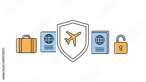 Travel insurance icons with airplane shield, passport, suitcase, padlock