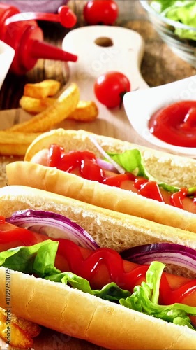 tasty hot dog with ketchup and lettuce on board