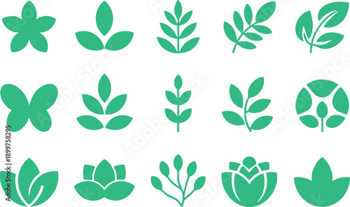 Stylized Organic Nature Symbols for Branding, Minimalist Green Leaf and Flower Vector Graphics, Teal Floral and Botanical Icon Set, vector, illustration, silhouette.