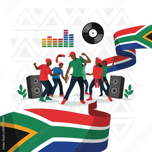 People dancing to music with South African flag streamers and equalizer bars