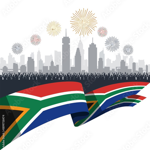 City skyline at dusk with South African flags and fireworks illuminating the night sky