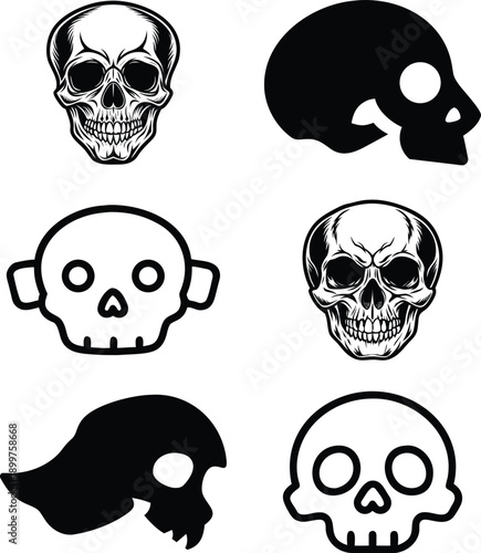 Assorted human skull icons in black and white including realistic anatomical drawings and simple cartoon style head silhouettes