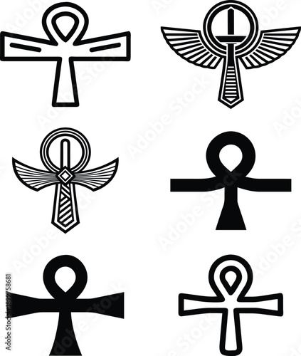 Egyptian ankh cross symbol collection featuring various geometric designs and winged variations for spiritual or historical art