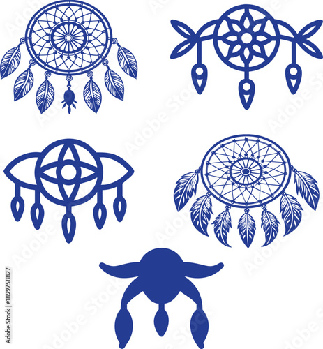 Selection of blue dreamcatcher icons on white background perfect for boho style tattoo designs and ethnic craft project templates