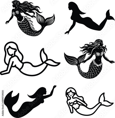 Set of six various mermaids, collection of mythological sea creatures, fantasy characters