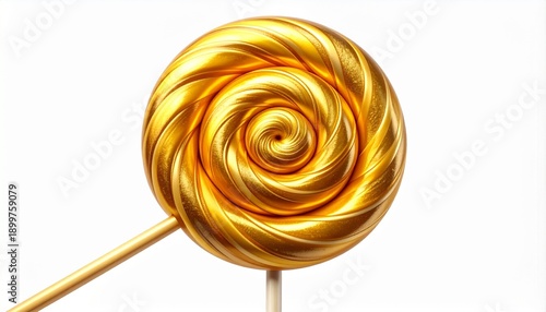  golden spiral lollipop candy with shiny metallic surface isolated