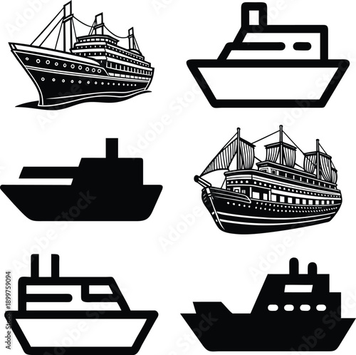 Set of six various ships and boats, collection of transportation vehicles, cruise liners and yachts