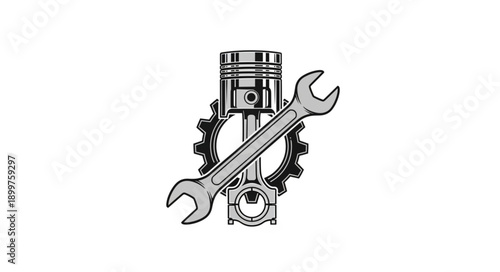 Automotive Engine Piston with Wrench and Gear.