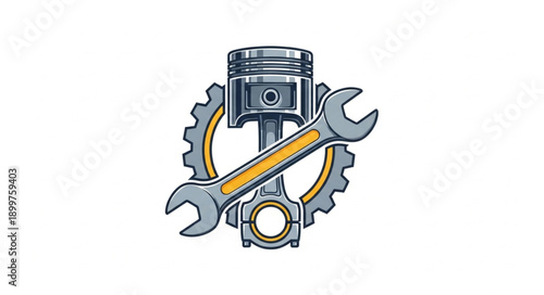 Automotive Engine Piston With Wrench And Gear.
