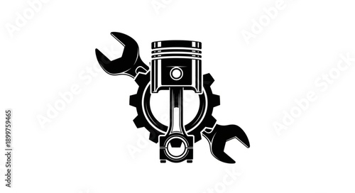 Automotive Engine Piston with Wrench and Gear.