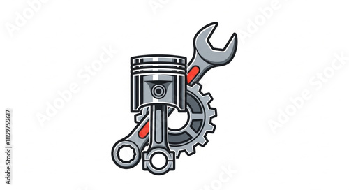 Automotive Engine Piston Gear and Wrench Illustration.