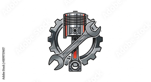Automotive Engine Piston Gear and Wrench Illustration.
