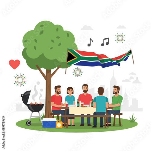 People having a barbecue picnic in a park under a tree with South African flag