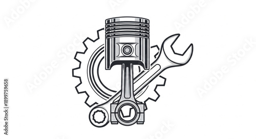 Automotive Engine Piston Gear and Wrench Illustration.