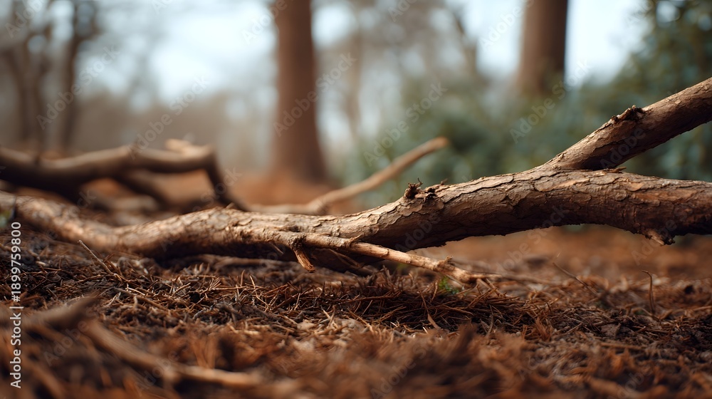 Fototapeta premium Close up of a weathered fallen branch resting on a forest floor covered with dry leaves and pine needles evoking a natural woodland scene
