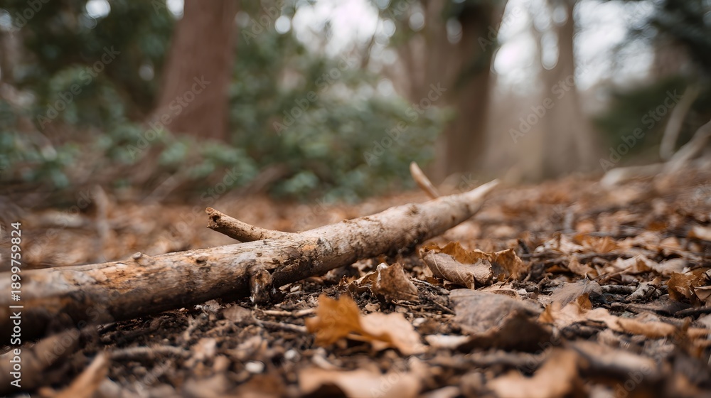 Fototapeta premium A weathered dried branch lies on the forest floor surrounded by fallen leaves evoking a sense of natural decay and seasonal change