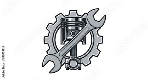 Automotive Engine Piston Gear and Wrench Mechanic Symbol.