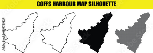 Coffs harbour map silhouette vector collection featuring various artistic styles from solid black to pixelated halftone