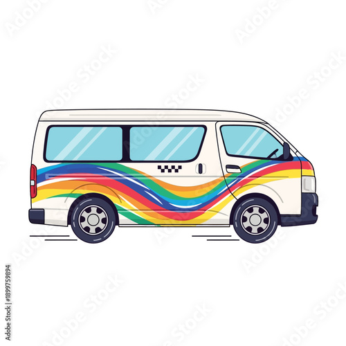 White commuter taxi van with rainbow wave pattern in motion