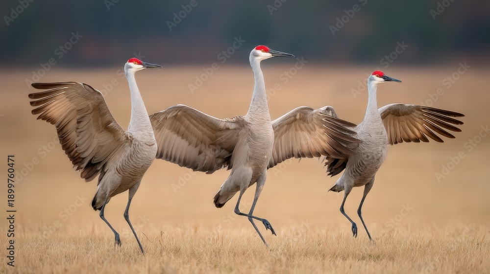 Obraz premium Three Sandhill Cranes Dancing Gracefully in a Serene Landscape
