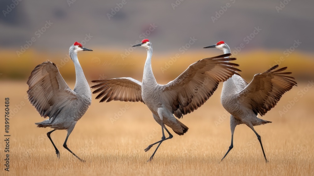 Fototapeta premium Majestic Sandhill Cranes Dancing Gracefully in Serene Landscape Under Soft Topaz Light