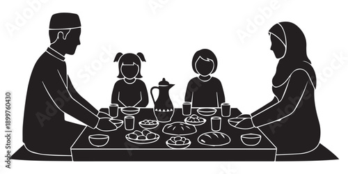 Silhouette illustrations of people in various ramadan activities, family gatherings, and iftar preparations in black on white background with Islamic