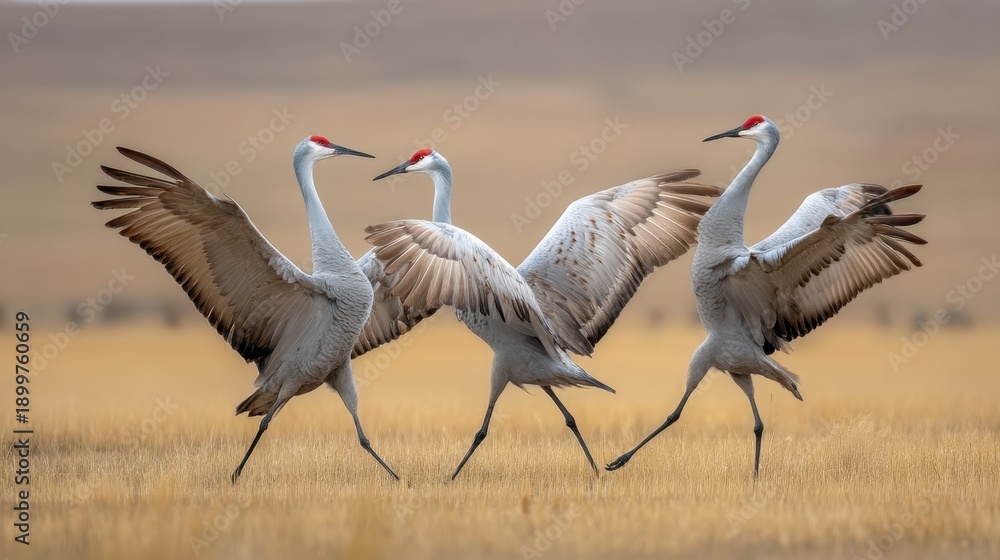 Fototapeta premium Three Sandhill Cranes Performing a Dance in a Golden Grassland at Sunrise