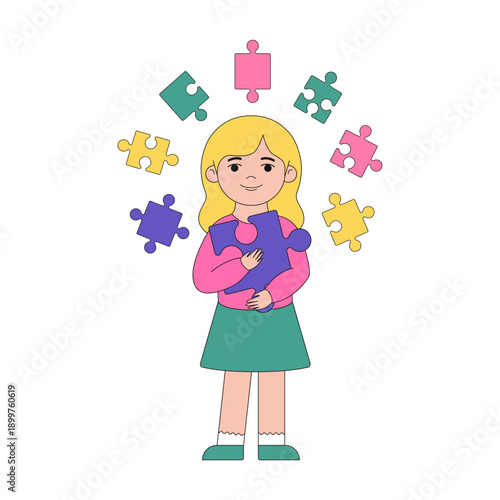 Illustration of a little girl holding puzzle piece and surrounded by other puzzles. Children education, montessori. Autistic baby girl. Linear vector, editable stroke.