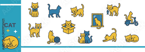 猫のポーズと行動アイコンセット　かわいいペットベクターイラスト集
