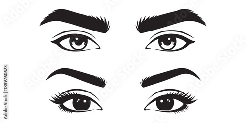 man and woman isolated vector eyes and eyebrows silhouette illustration white background, Man and woman eyes and eyebrows set collection pack bundle black shape icon silhouette vector flat