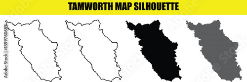 Tamworth map silhouette set collection featuring map outlines in white, black, and halftone dot patterns for design