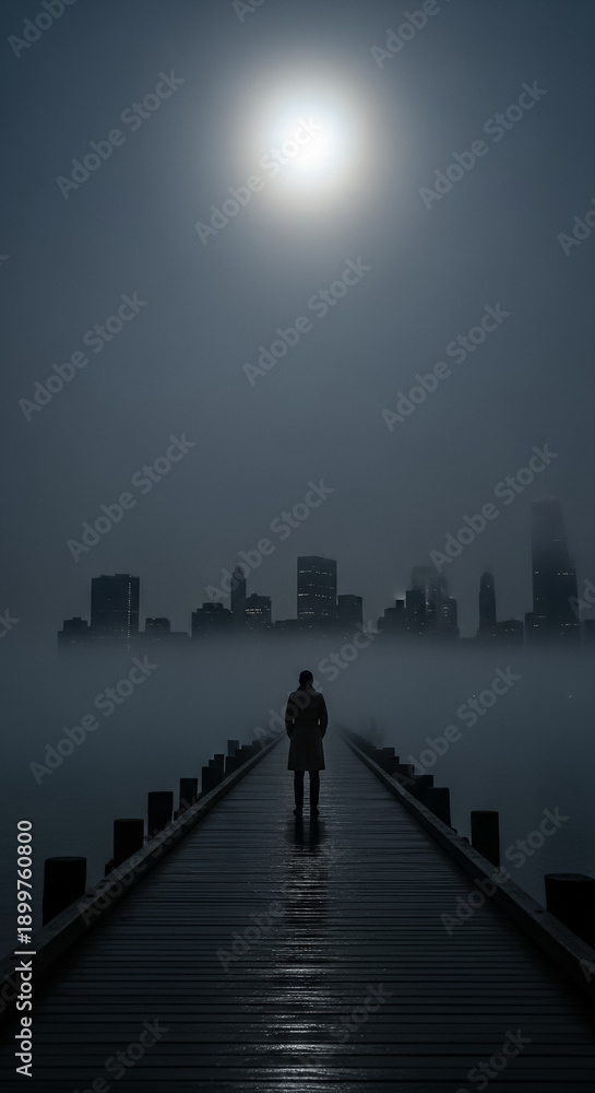 Fototapeta premium Contemplation on a Misty Pier Towards an Urban Horizon