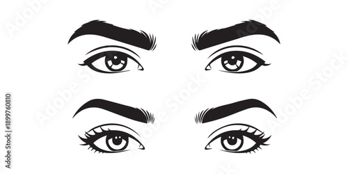 man and woman isolated vector eyes and eyebrows silhouette illustration white background, Man and woman eyes and eyebrows set collection pack bundle black shape icon silhouette vector flat