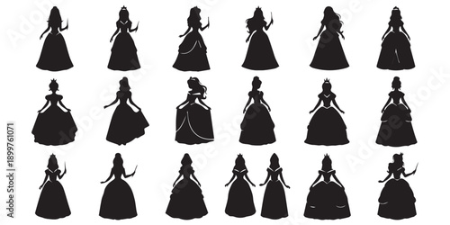 Vector silhouette set of cameo man and woman on white background, Black silhouette set of cameo man and woman on white background, Princess silhouette bundle, princesses silhouette vector illustration