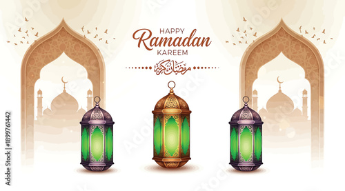 Ramadan kareem lanterns in a row on a festive background