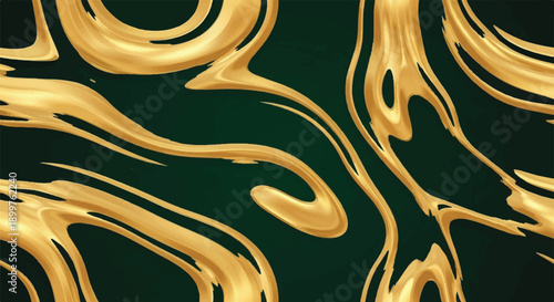 Abstract Liquid Gold Flowing Ripples on Dark Green Background Luxury Texture