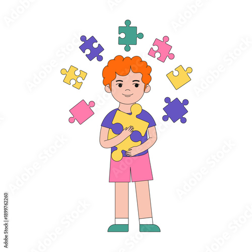 Illustration of a little boy holding piece of puzzle. Autistic boy. Kids education, montessori.  Linear vector, editable stroke