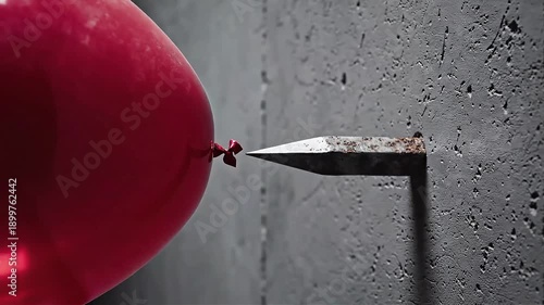 Wallpaper Mural Red balloon moving towards sharp rusty spike on concrete wall. Concept of risk, danger, and financial crisis tension. Torontodigital.ca