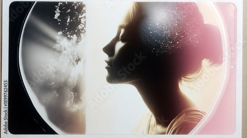 Image representing a woman and the relationship between mental health, highlighting brain network activity with sunlight and nature