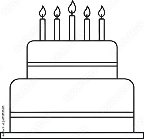 Simple black and white line art icon depicting a delicious two tiered birthday cake adorned with five small flickering candles ready for celebration