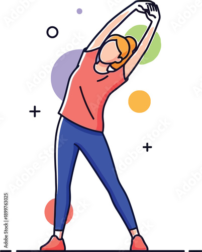 Athletic woman performs a standing side bend stretch with arms overhead illustrating core flexibility and healthy lifestyle warm up activities.