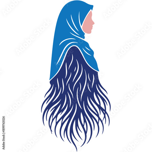 Muslim woman silhouette wearing hijab with artistic blue pattern illustration