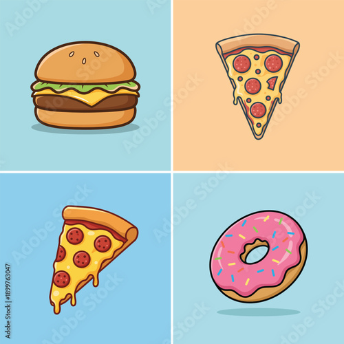 Collection of cartoon fast food items including a cheeseburger, pepperoni pizza slices, and a pink donut with sprinkles on colorful backgrounds.