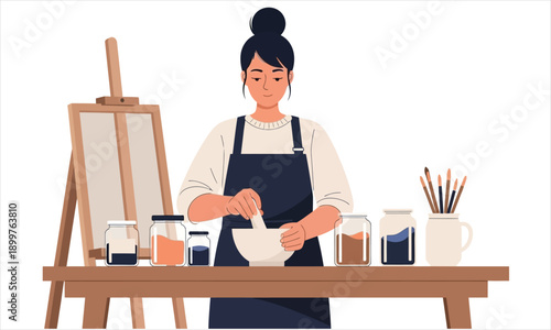 Flat Handmade Paint and Natural Pigment Preparation Vector Illustration