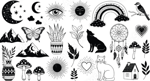 Boho celestial nature icon vector collection with moon sun stars plants animals mountains rainbows, mystical hand drawn symbols, black and white illustration set
