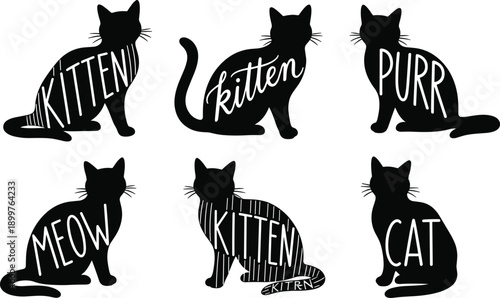Cute cat silhouette typography vector set with handwritten words kitten meow purr and cat, black minimalist pet illustration collection for prints and decor