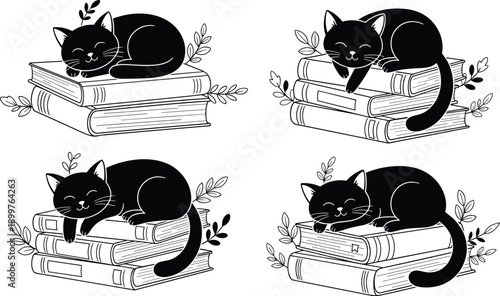 Cute sleeping cat on stacked books vector illustration set, cozy reading theme artwork, black and white minimalist pet design for book lovers