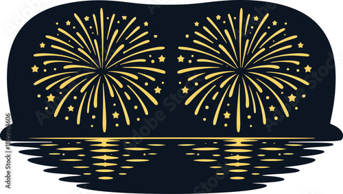 Golden Fireworks Reflection – Flat Vector Illustration