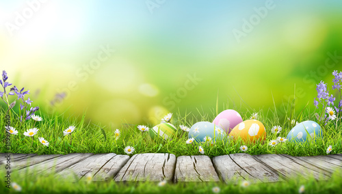 Five painted easter eggs celebrating a Happy Easter on a spring day with a green grass meadow, bright sunlight spring coloured background with copy space and a wooden bench to display products.