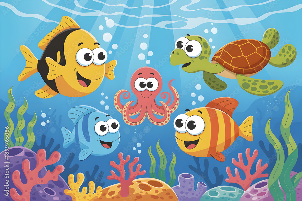 Obraz premium Cute cartoon sea animals swimming underwater in ocean